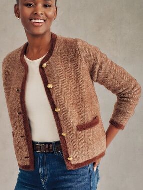 J.McLaughlin Inez Sweater Jacket XL Brown Herringbone Fuzzy Trim Button Cardigan